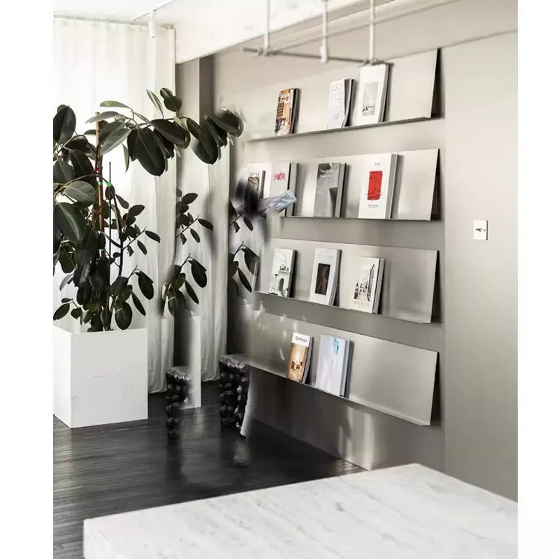 Display shelf Bookshelf Laminate wall jewelry Magazine rack ins Luminous baffle upper wall Stainless steel wall shelf