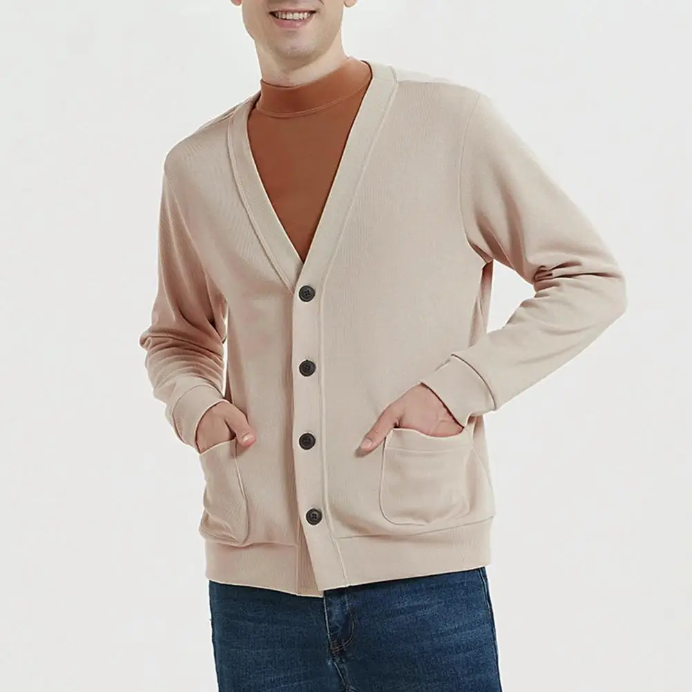 V-neck Knitted Cardigan Elegant Men\'s V Neck Cardigan Sweater Coat for Fall Winter Business Style Knitted Solid Color