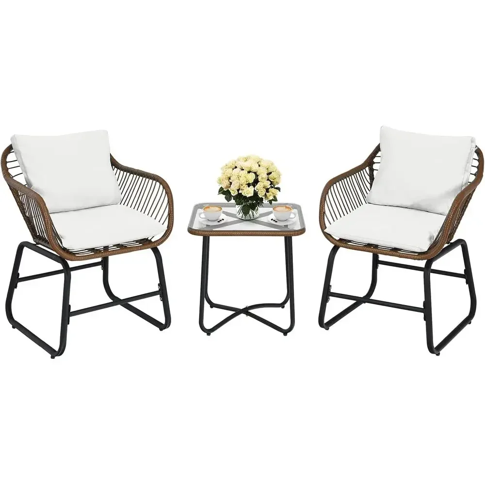 3-Piece Outdoor Bistro Set with Cushions and Adjustable Footrests for Patio, Garden, or Poolside (White)