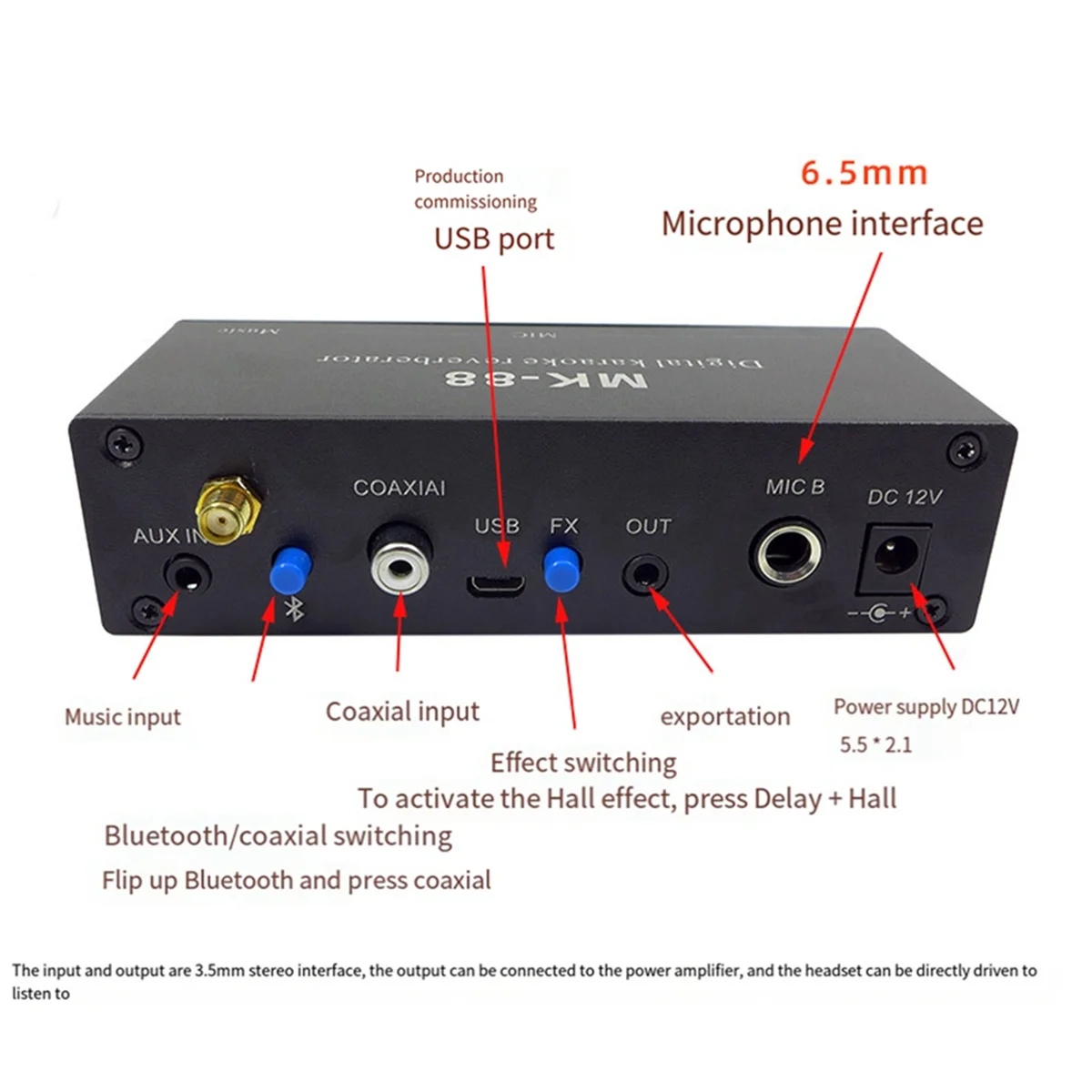 MK-88 6.5 มม.ไมโครโฟน Reverb Effect Bluetooth Coaxial ถอดรหัสสเตอริโอ Preamplifier เครื่องขยายเสียงผสมบอร์ด