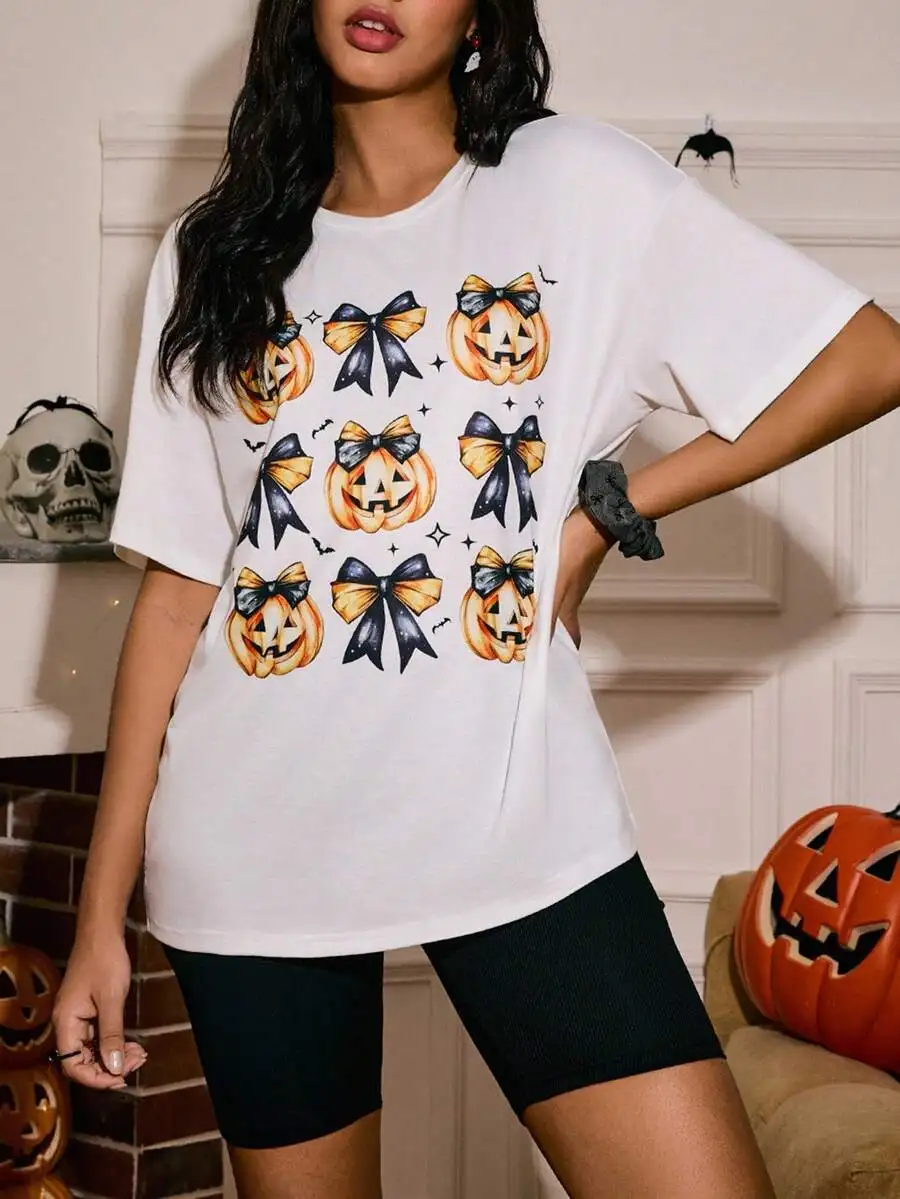 

Women Halloween Pumpkin Bow Print T-Shirt And Shorts Pajama Set