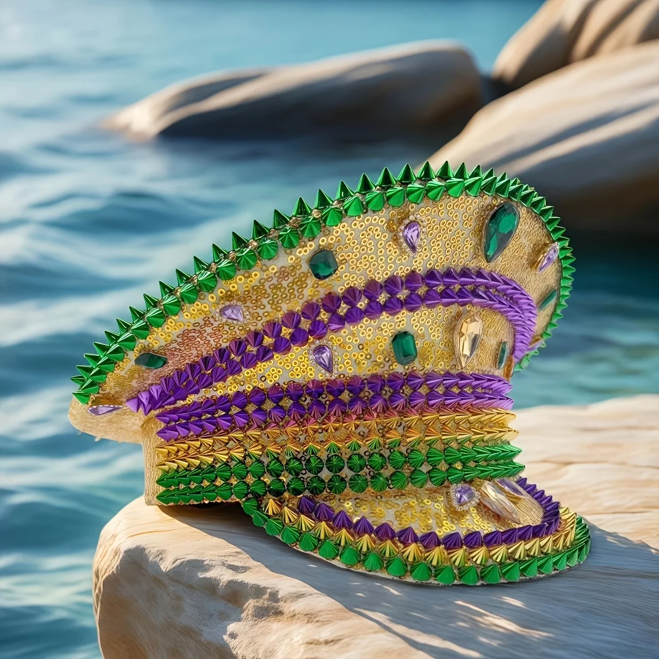 ホンルアン イエローレーザーレザーループキャプテンハット ラインストーン＆ミリタリーキャップ 女性用、レイブフェスティバルアクセサリー＆パーティーキャップ男性用