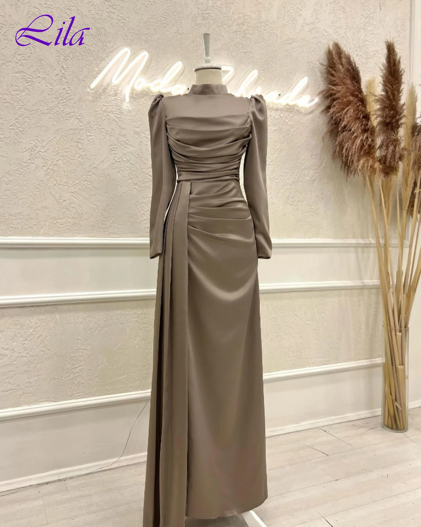 تخصيص مستقيم الياقة العالية طويلة الأكمام فستان سهرة رسمي أنيق جودة عالية فساتين المشاهير موضة فستان الحفلات