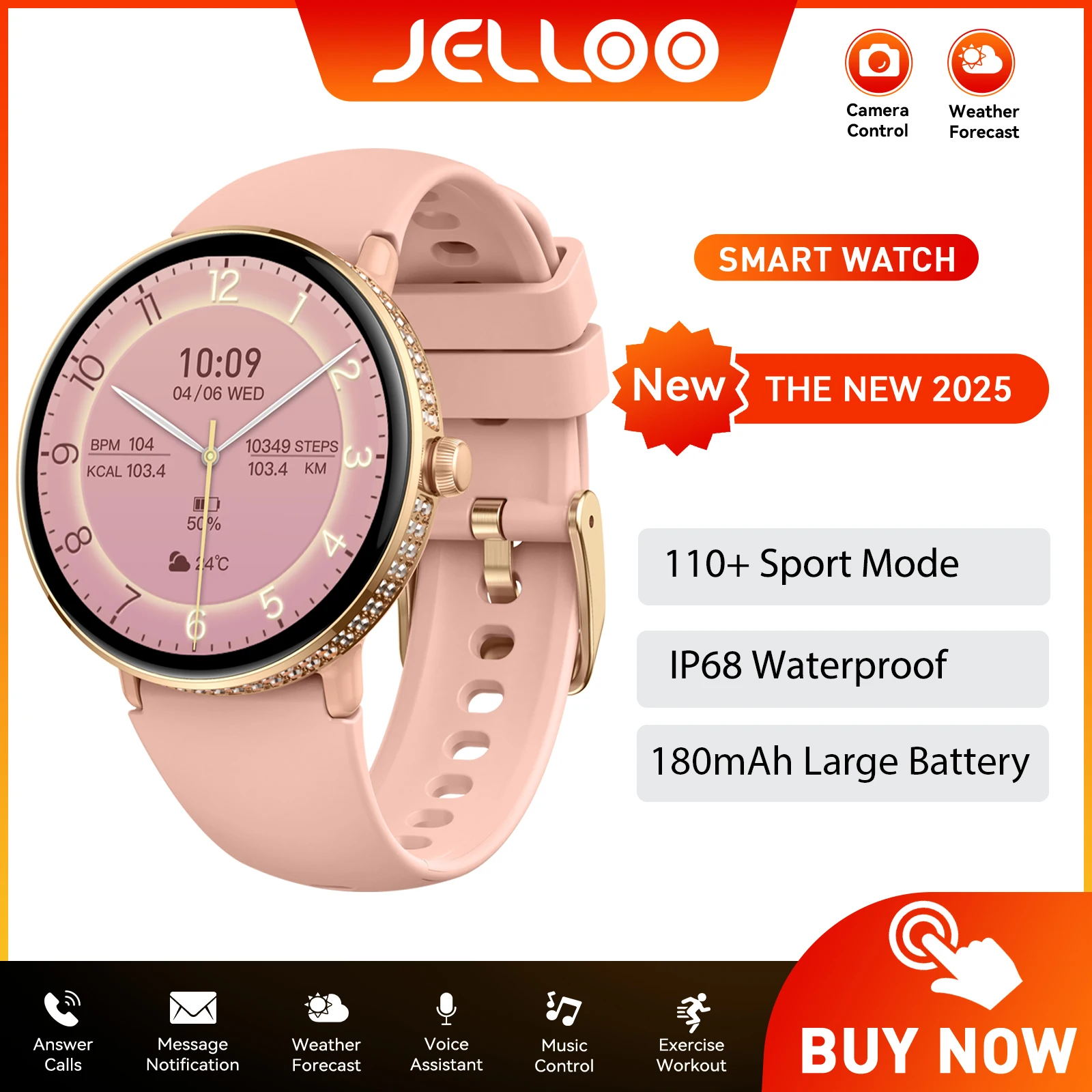 

JELLOO Smart Watches for Women with Diamonds 1.19" AMOLED Screen Fitness Tracker Heart Rate Sleep Monitor 100+ Sport Modes watch