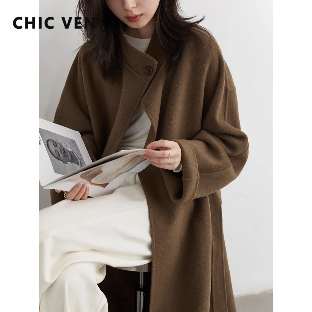 CHIC VEN Fashion Women Long Woolen Coat Loose New Stand Up Collar Belt Female Overcoat Solid Ladies Outwear Autumn Winter 2025