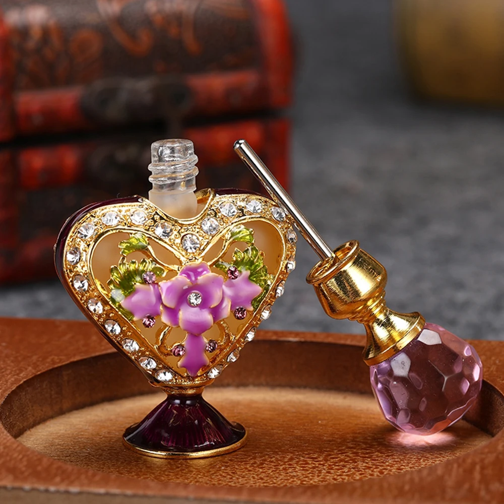 1pc 5ml Perfume Bottle Vintage Pink Purple Glass Carved Flower Diamond Decor Crystal Cap Refill Handmade Gift Home Ornament