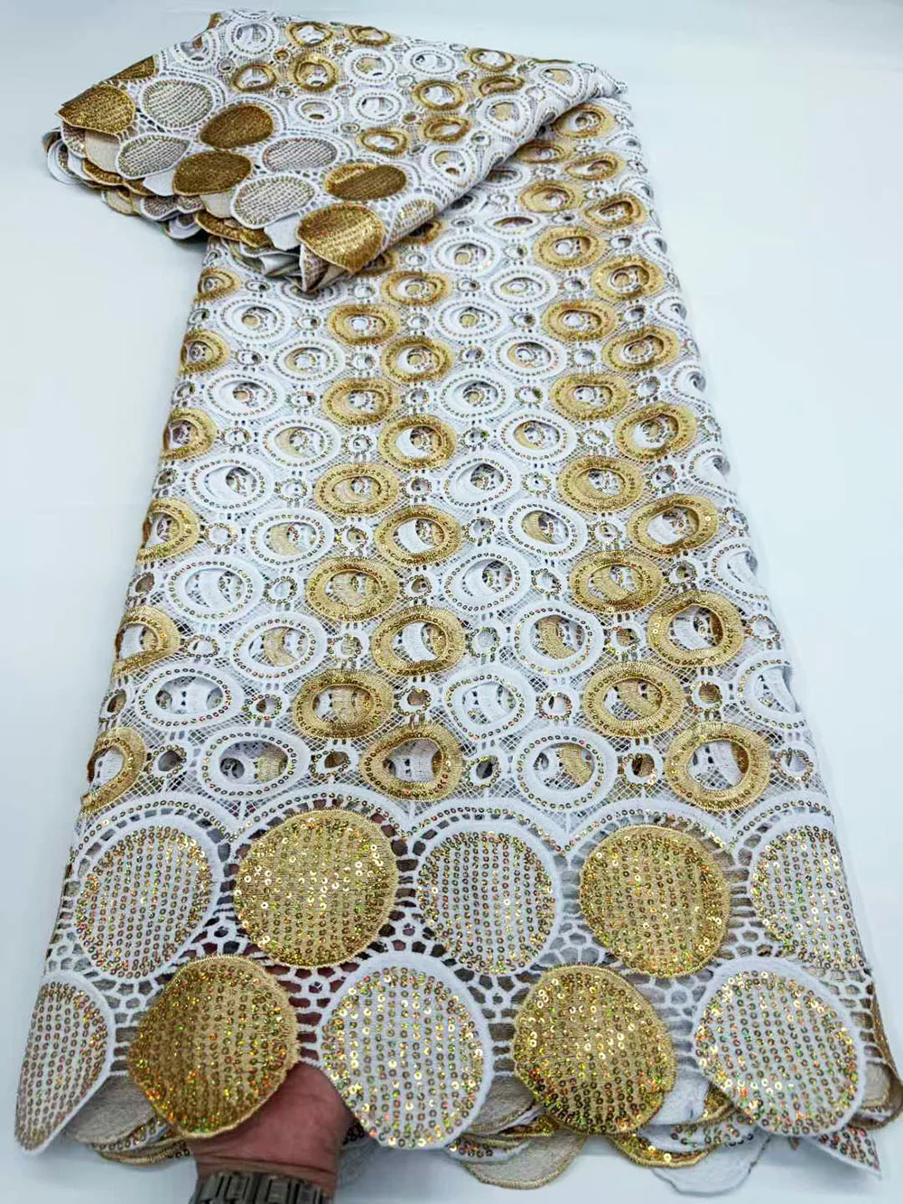 

Allover Metallic Lurex Guipure Lace White Silk Fabirc Embroidered Gold Sequins Tulle luxury Nigeria Water Soluble Cloth CO1195