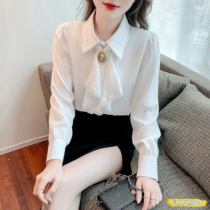 Bow Tie Tops Blouses New 2024 Women Long Sleeve Elegant Office Lady Work Solid White Shirts Ruffled Chic Tops Blusas