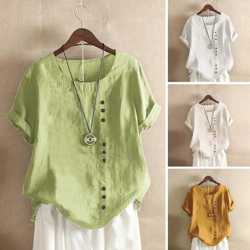 Ronde Hals Button-Down Blouse Stijlvolle Dames Zomer Tops Met Ronde Hals Korte Mouwen Knoopjes Voor Casual Voor Comfort