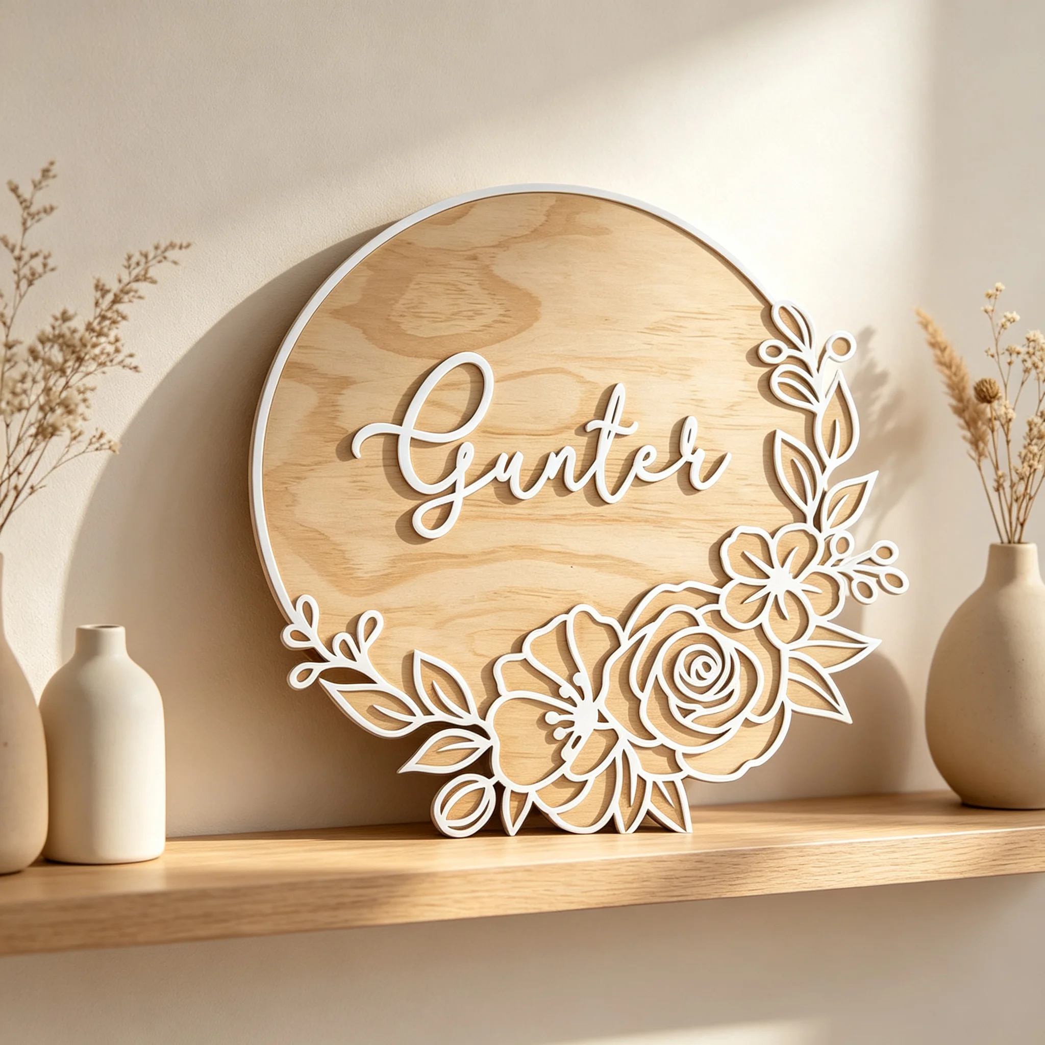 1Pc Personalized Floral Round Wooden Name Sign Custom Name Hollow Wood Plaque Nursery Door Wall Decor Baby Shower Newborn Gift