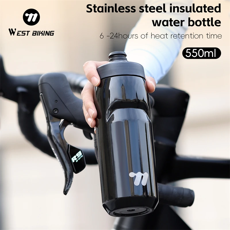 

WEST BIKING Stainless Steel Cycling Water Bottle 550ml Portable Bicycle Bottle Food-grade Silicone Hose Sports Cup Cycling Gear