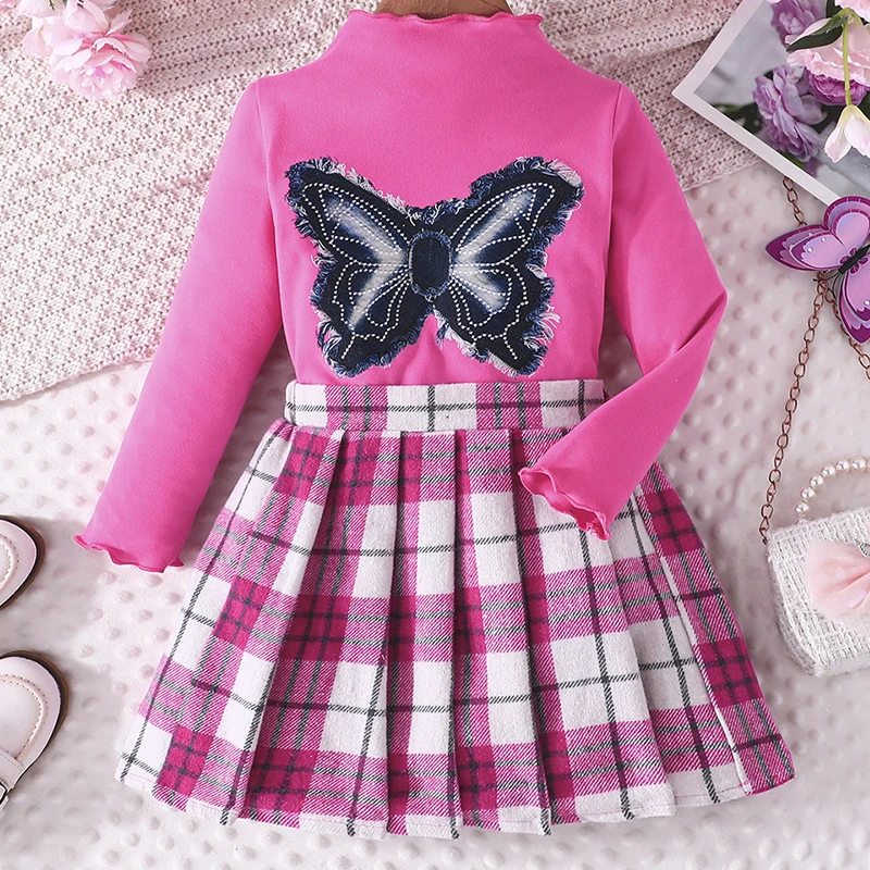 Children's Sets Spring Autumn Kids Girls Clothes Fashion Butterfly Long Sleeve Tops+Plaid Skirt Baby Boutique Clothing BC176