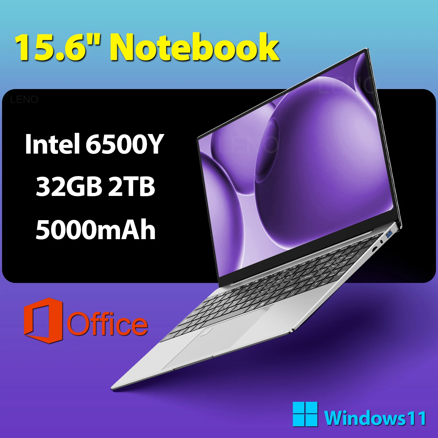 LENO Portable Laptop 15.6" Intel 6500Y 32GB RAM 2TB SSD Windows11 5000mAh Office Notebook PC Gamer with Backlit Fingerprint