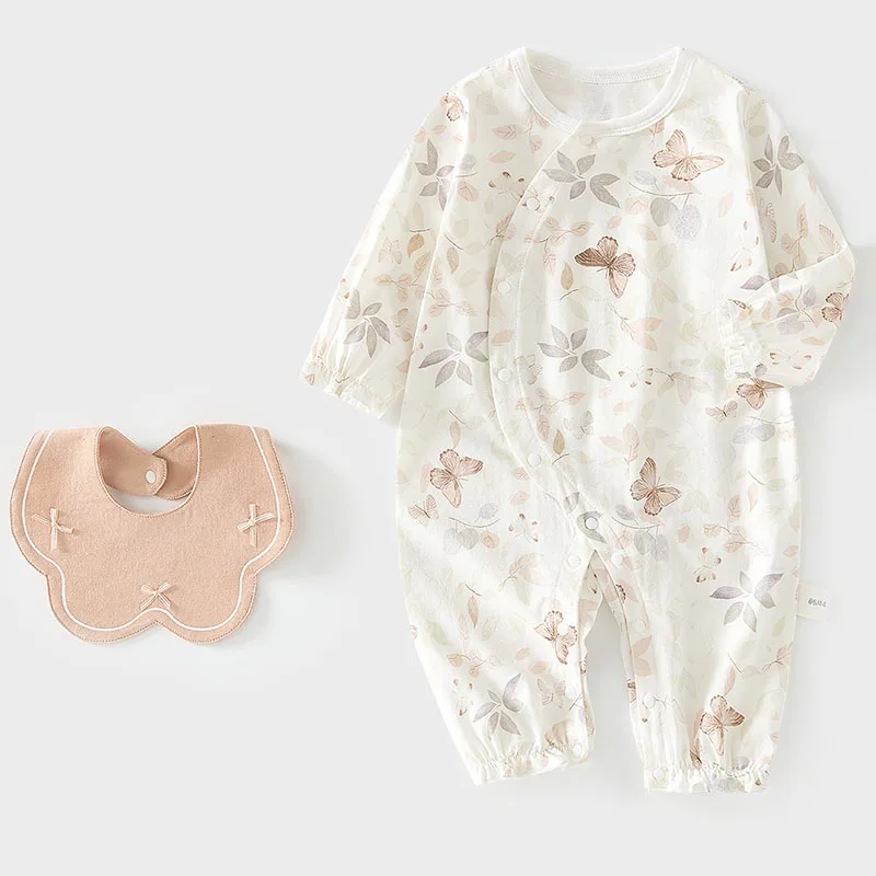 

2Piece Spring Autumn Infant Girl Clothes Korean Fashion Cute Flowers Long Sleeve Cotton Jumpsuits Rompers+Bib Newborn Items B115