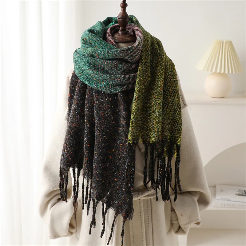 2024 Matching Geometric Stripe Scarf Imitation Cashmere Winter Warm Scarves Men Women Thickening Neck Warmer Soft Tassel Shawl