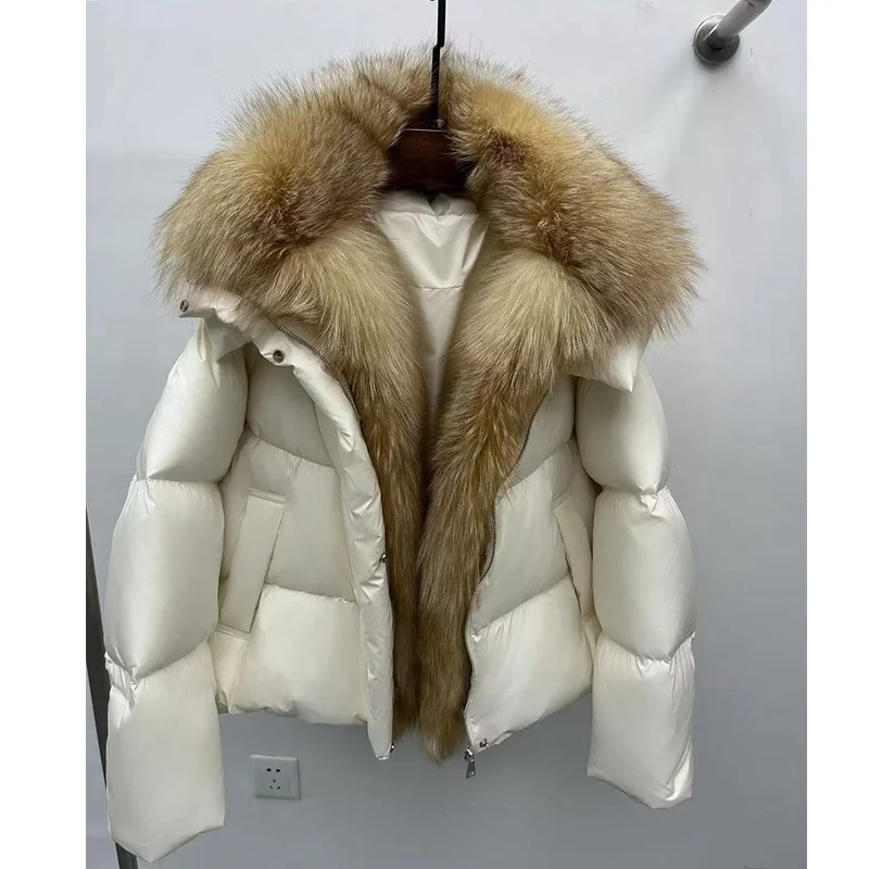 2025 New Premium  Fur Collar Hooded White Goose down Jaet Women ort Loose Thiened Outerwear Korean Sle Commute Wind
