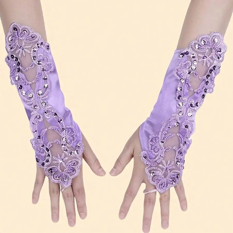 1 Pair Of Lace Floral Fingerless Gloves For Brides, Sequined Ladies' Satin Hand Accessories For Weddings, Proms, Parties, Vintage Elegant Banquets