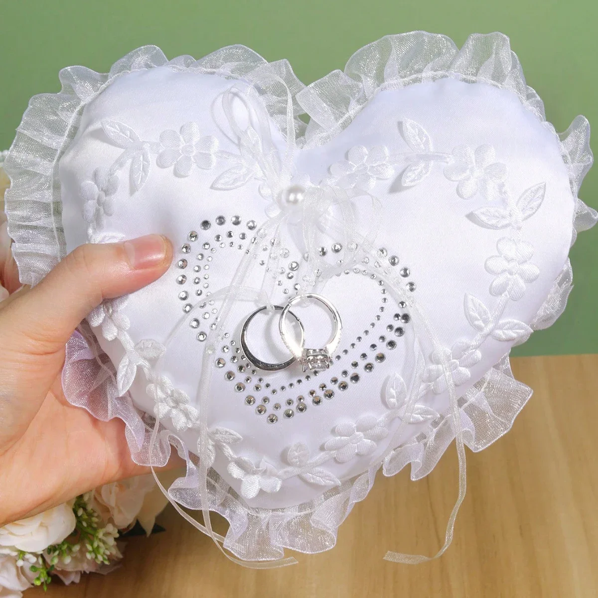 1pc Heart Shaped Ring Pillow,Lace Flower Ring Cushion for Wedding, Proposal Confession Prop