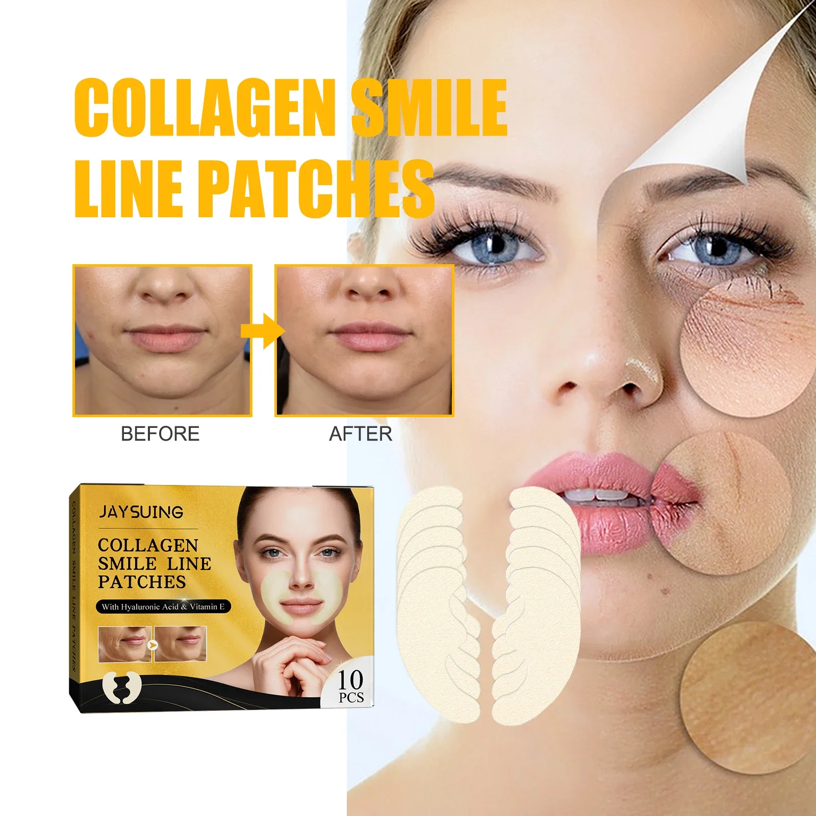 Jaysuing 10pcs collagen smile line patch enhances facial lines, tightens the skin, smooths wrinkles, and is a skincare product