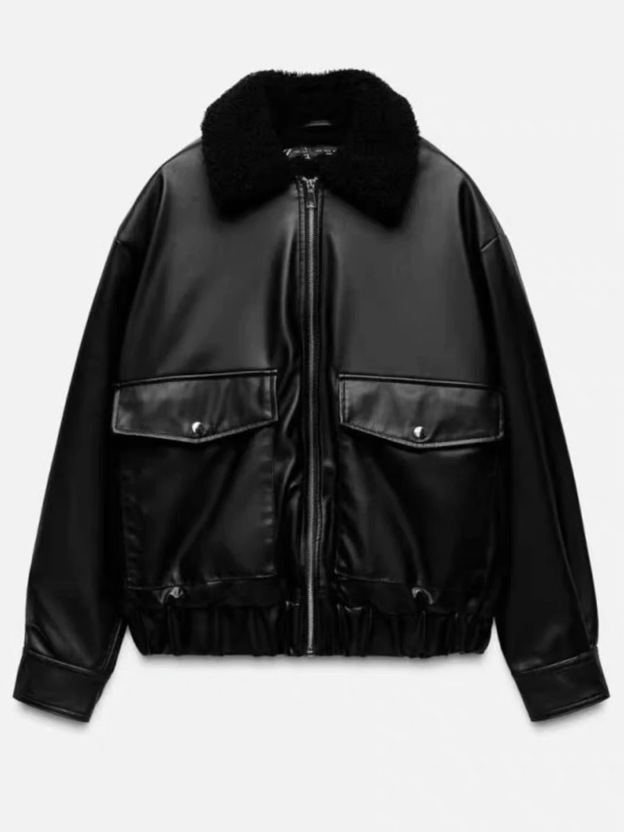 가을 겨울 신상 여성 인조 가죽 퍼 칼라 롱 슬리브 자켓 바이커 코트 스트리트 스타일 루즈핏 지퍼 클로저