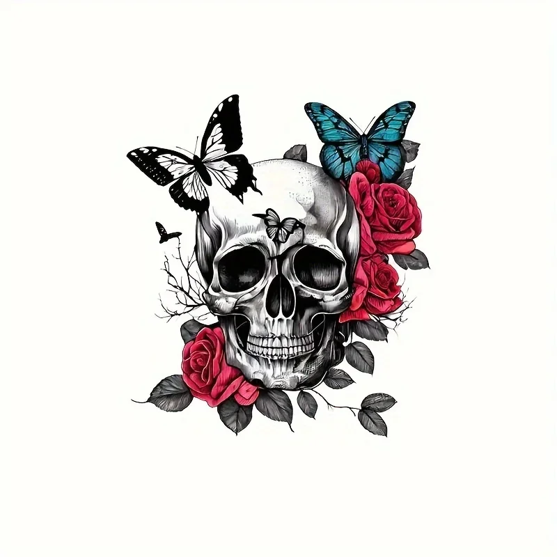 

1PC Gothic Skull with Roses & Butterflies Sticker, Ideal for Car Windows, Laptop Covers, Water Bottles & Phone Cases