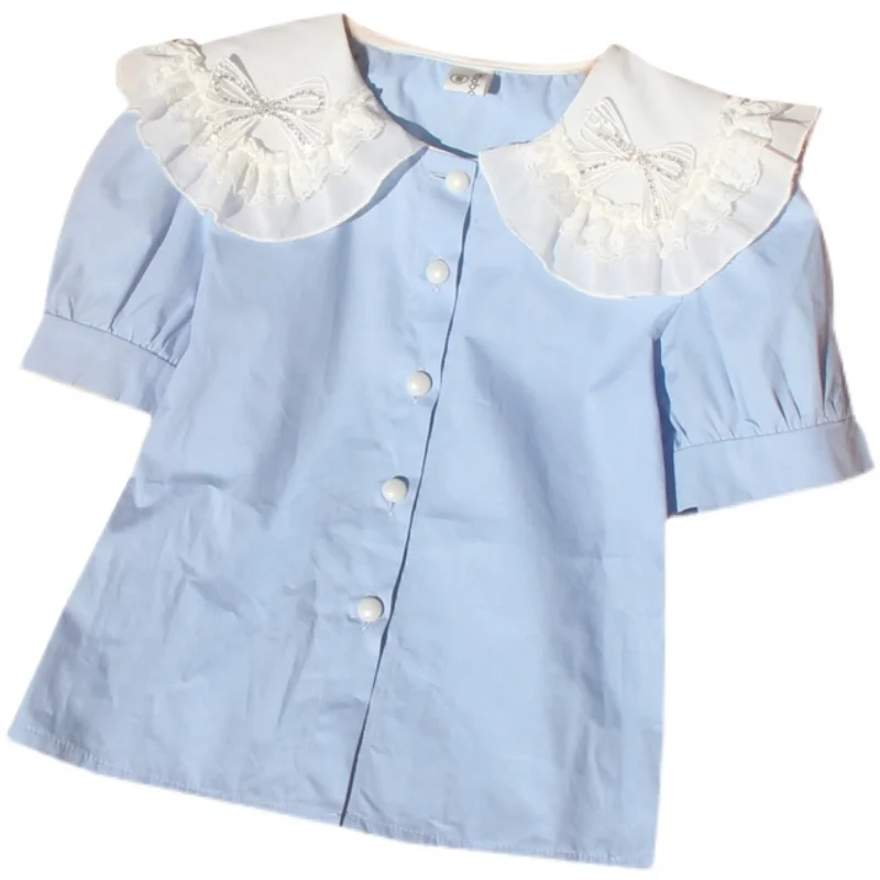 Kids Girls School Shirts Summer Blue Turn-down Collar Blouse for Toddler Baby Korean Children Puff Sleeve Tops 4 8 12 14 Years