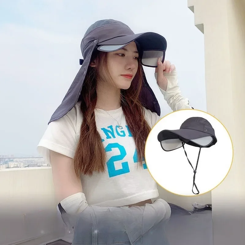 夏用メンズアウトドアuvカット長つばサンハット釣り用取り外し可能日よけ帽子ネックガードとフルフェイスカバー付き