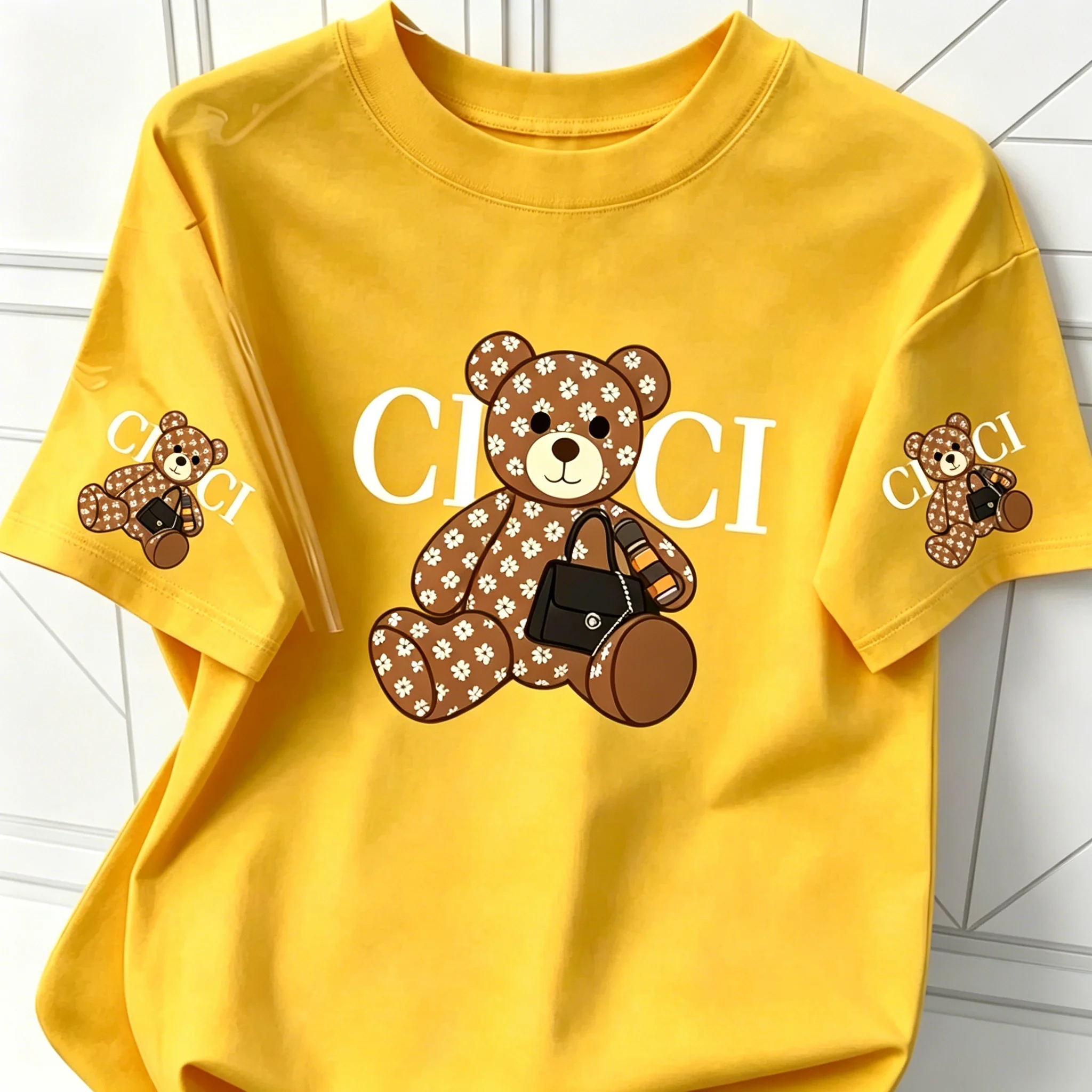 Unisex-T-Shirt aus Baumwolle mit Monogramm-Bär- und CI-CI-Buchstaben-Aufdruck, Design auf Brust und Ärmeln, O-Ausschnitt, Streetwear, Sommer, lässige Kurzarm-Tops – Detail 4