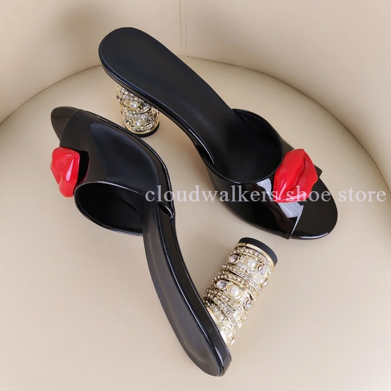 

Women's Glossy Patent Leather Unique Decor Peep Toe Slipper Exquisite Pearl Rhinestone Inlaid Round Heel Slip On Fashion Slipper