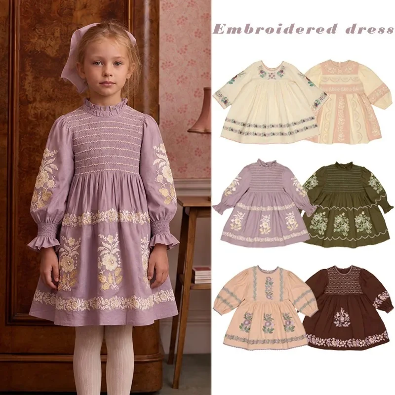 Children's Clothing Dress 2026 Winter New Printed Fashion Embroidered Vintage Style Kids Maxi Cotton Thickened High Quality
