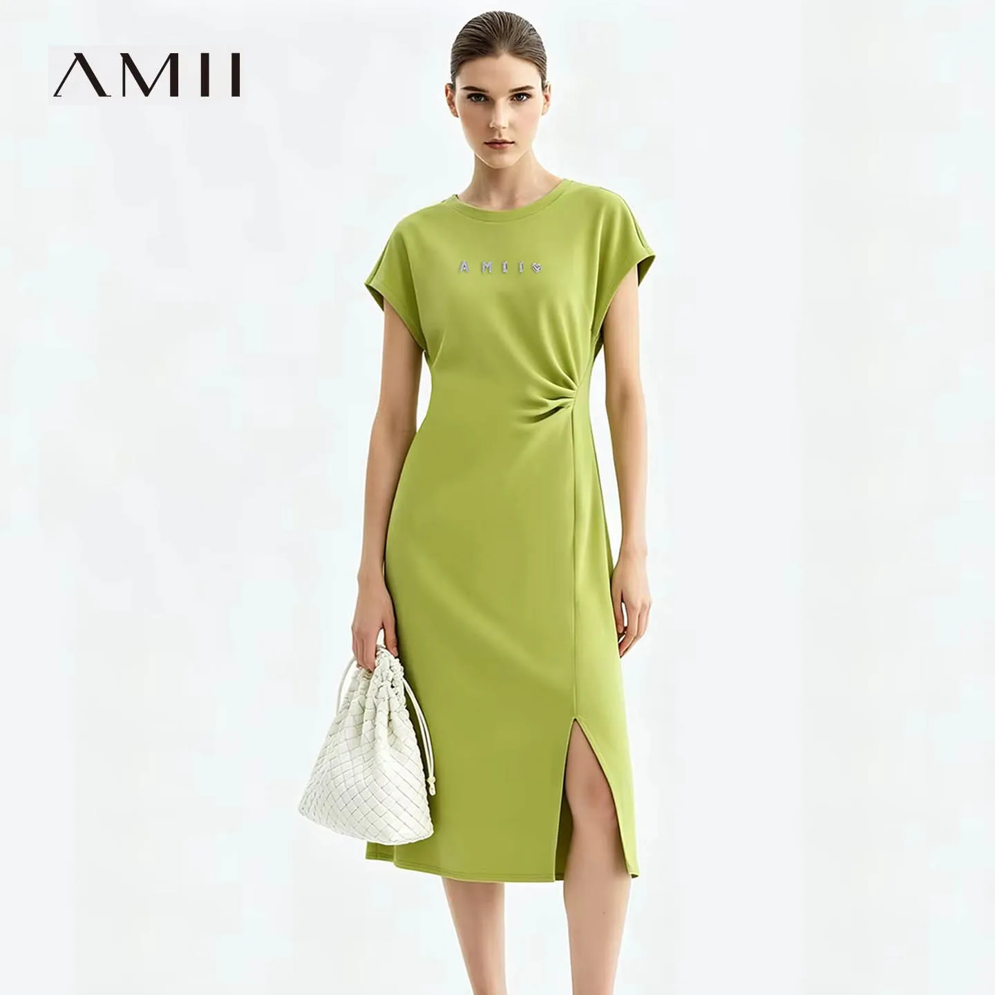 AMII Damen Freizeitkleider 2026 Sommer Neu O-Ausschnitt Fledermausärmel Strass Gerafftes Stretch Air Layer Slim Midi-Kleid 1264204