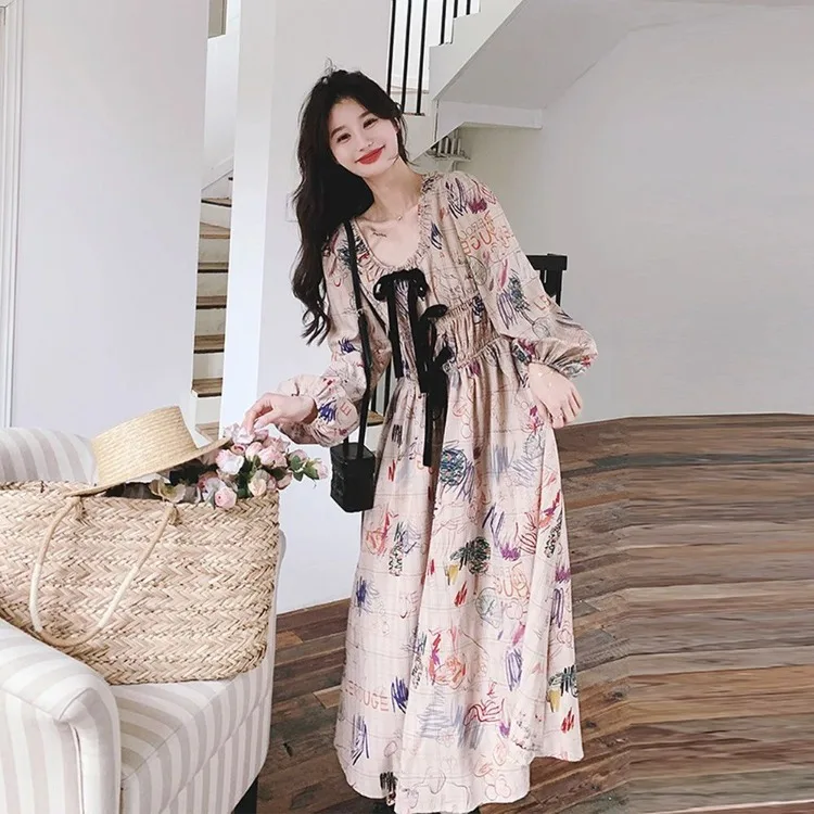 Korejepo French Retro Temperament Printed Dress Women Spring Autumn New Light Ripe Loose Thin Long Flower Vestido Women 2024