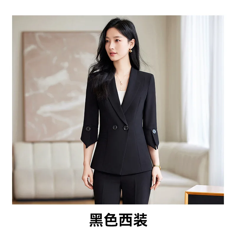 طقم بدلة أصفر جديد لربيع وصيف للنساء، ملابس رسمية احترافية أنيقة وأكمام ثلاثة أرباع، وبنطلون واسع