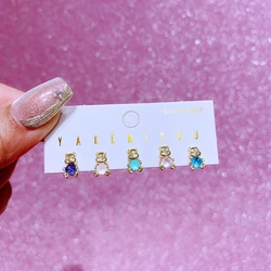 MIGGA 5pcs Multicolor Cubic Zircon Crystal Cute Bear Stud Earrings Set for Women Girls Gold Color Jewelry