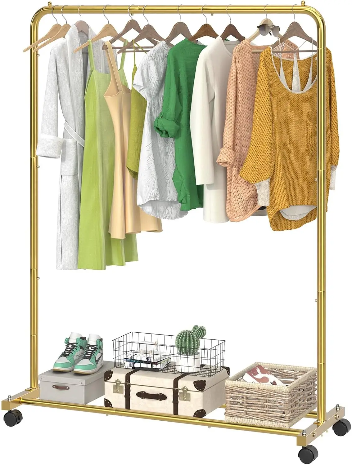 

Standard Clothes Clothing Garment Rack with Storage Shelves, Rolling Clothes Organizer on Wheels for Hanging Clothes, Gold