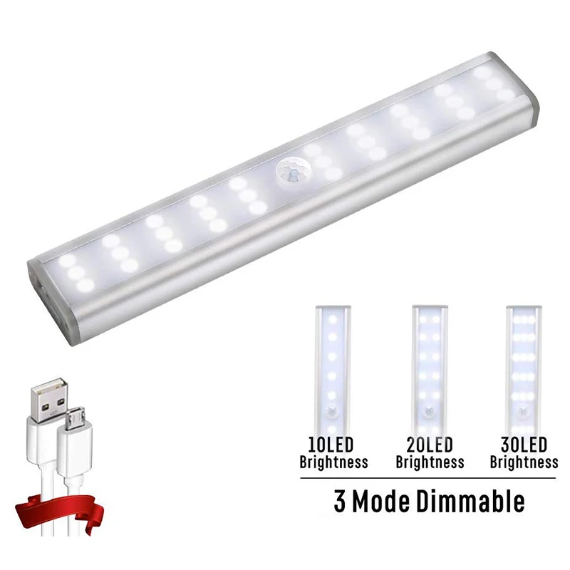 USB Rechargeable 30 LED PIR Motion Sensor Light Sensor Night Light 3 Mode Dimmable For Cupboard Wardrobe Kitchen Night Light