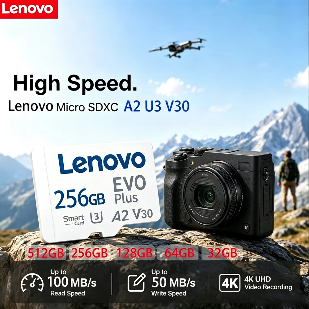 بطاقة ذاكرة لينوفو برو بلس TF EVO بلس SD كارد 4K U3 A2 مايكرو SD بخيارات 64 جيجابايت، 128 جيجابايت، 256 جيجابايت، 512 جيجابايت للهواتف والكاميرات والطائرات بدون طيار.