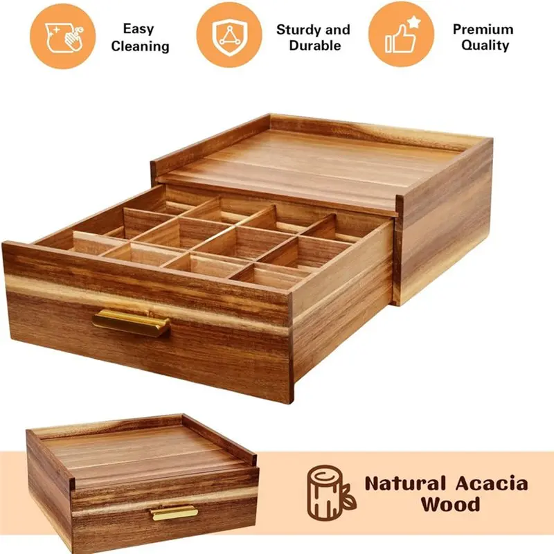 For Tea Bag Organizer Drawer 12 Compartments, Wood For Tea Holder Storage Box, For Tea Caddy