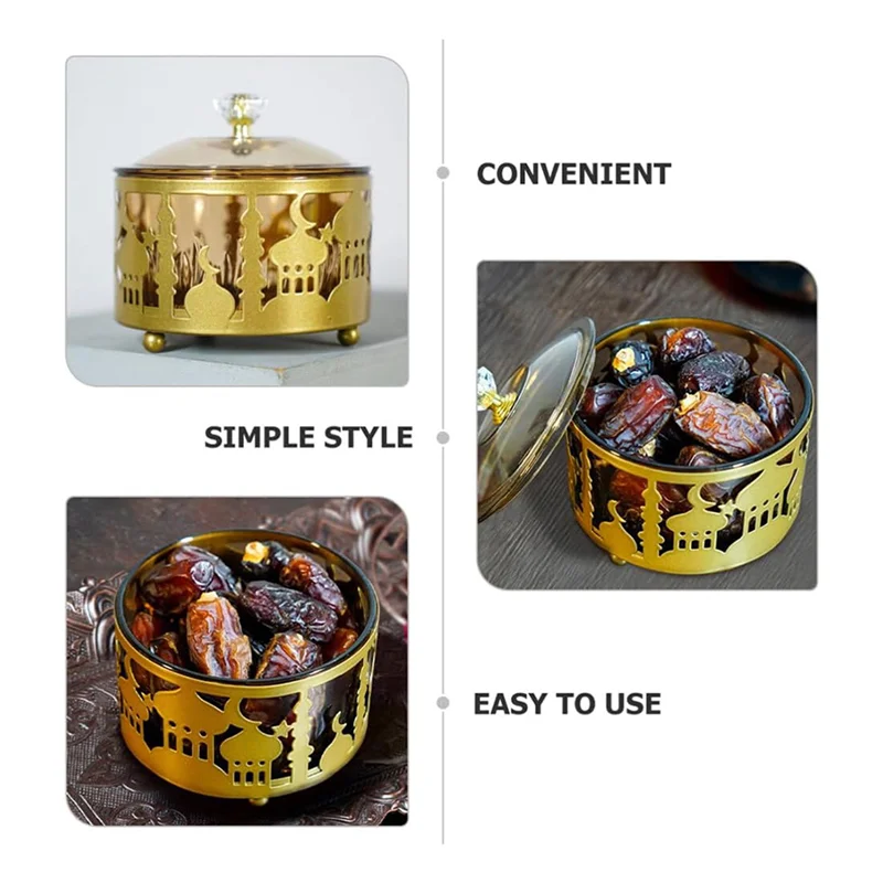 

ABWZ-3X Ramadan Trays With Lid - Metal Gold Eid Mubarak Tray Ramadan Plate Candy Dish Food Storage Cookie Trinket Box