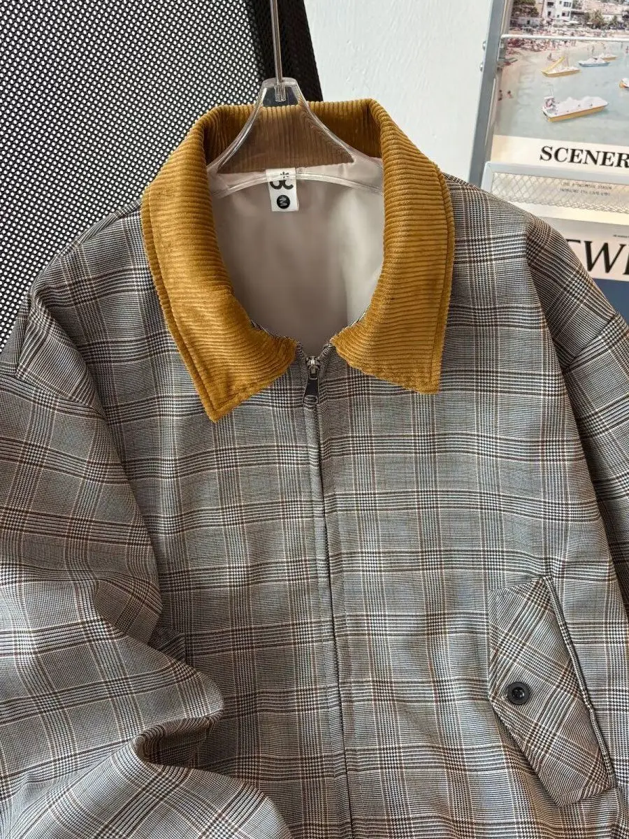 

Loose Fit Plaid Jaet Coat Men's Blue Cheered Zipper Top Faionable oulder Padded Leather Collar Autumn New Arrival