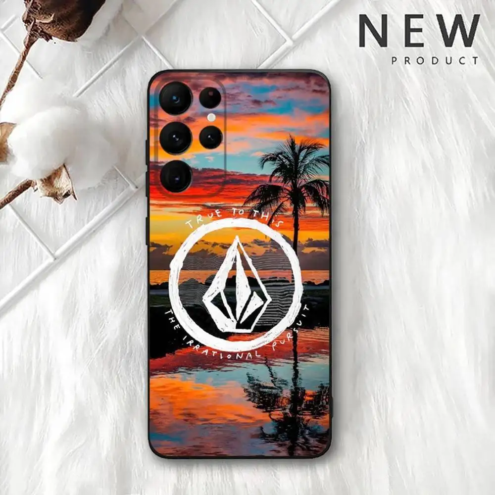 Moda v-volcom esporte estilo caso de telefone para samsung s 25,24,23,22,30,21,10,9,ultra,plus,lite,fe,4,5g preto caso macio