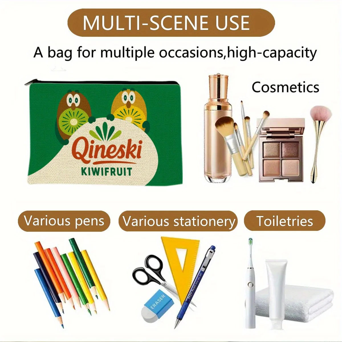 Un sac de maquillage Kiwi amusant – Jolie pochette multifonctionnelle à fermeture éclair pour femmes, sac de rangement de bijoux