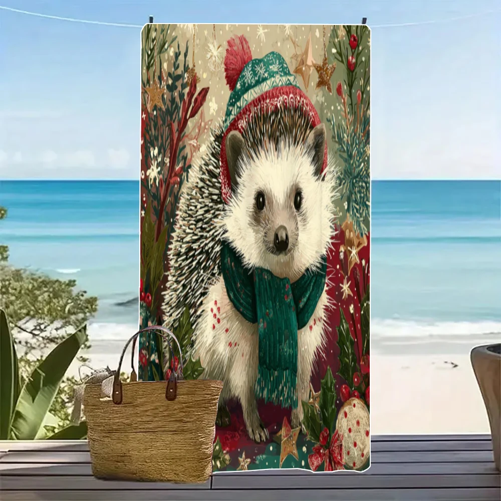 Festive Christmas Hedgehog Art Beach Towels, Highly Absorbent Bath Towels, Essential for Outdoor Swimming8.19