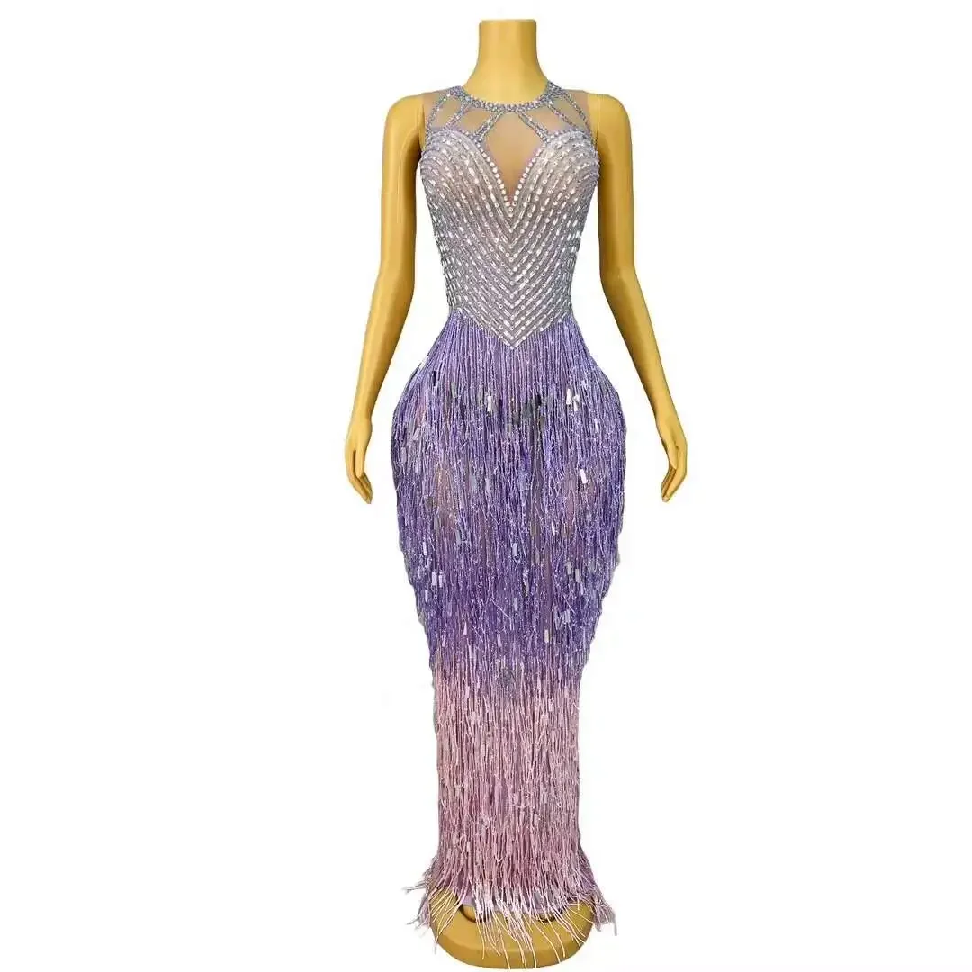 Sparkly Crystal Rhinestone Fringes Stretch Purple Skirt Luxury Women Celebrity Evening Party Gala Gown Elegant Party Prom Dress