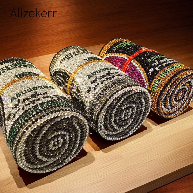 Alizekerr A Roll of US Dollars Shaped Crystal Evening Bags Women New Gorgeous Novelty Unique Diamond Clutch Purses Wedding Party