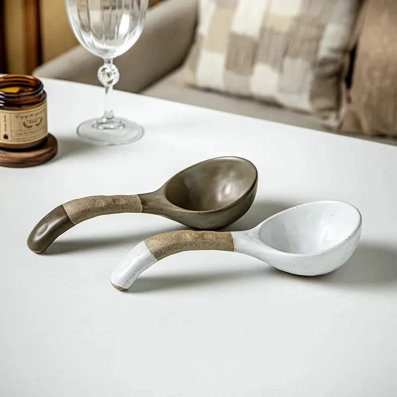 Thick Pottery Vintage Large Soup Spoon Thick Long Handled Spoon Double Glazed Frosted Splicing Japanese Style Rice Spoon ZI175