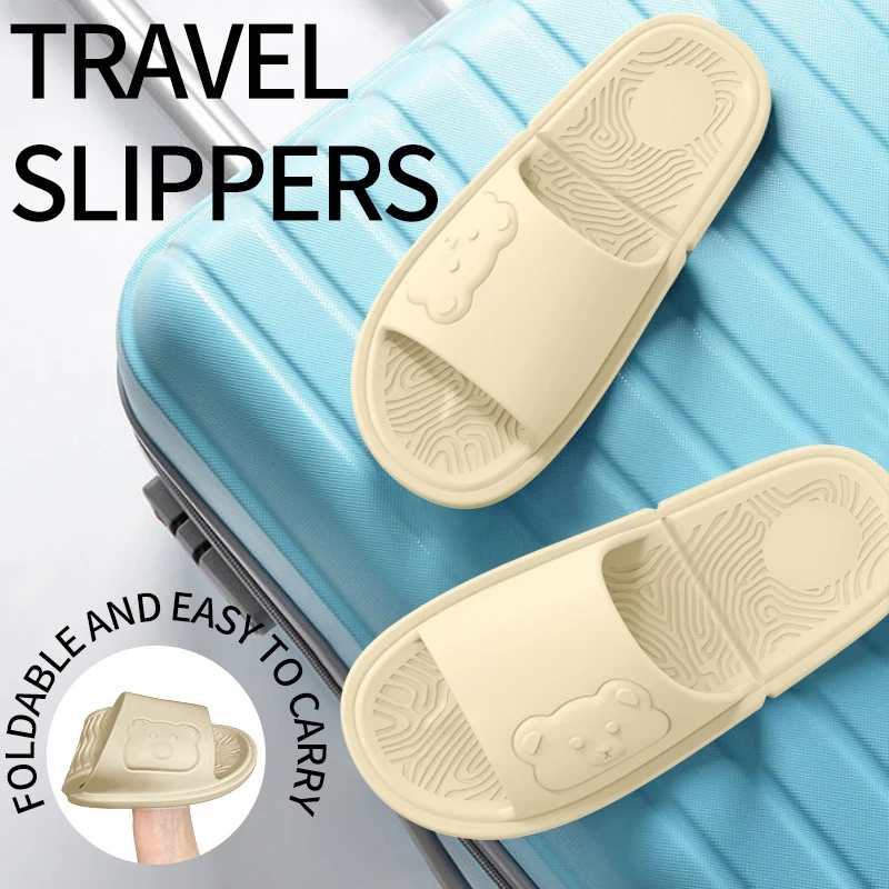 Men Foldable Travel Slippers Bear Embossed EVA Soft Non Slip Portable Indoor Bathroom Slides