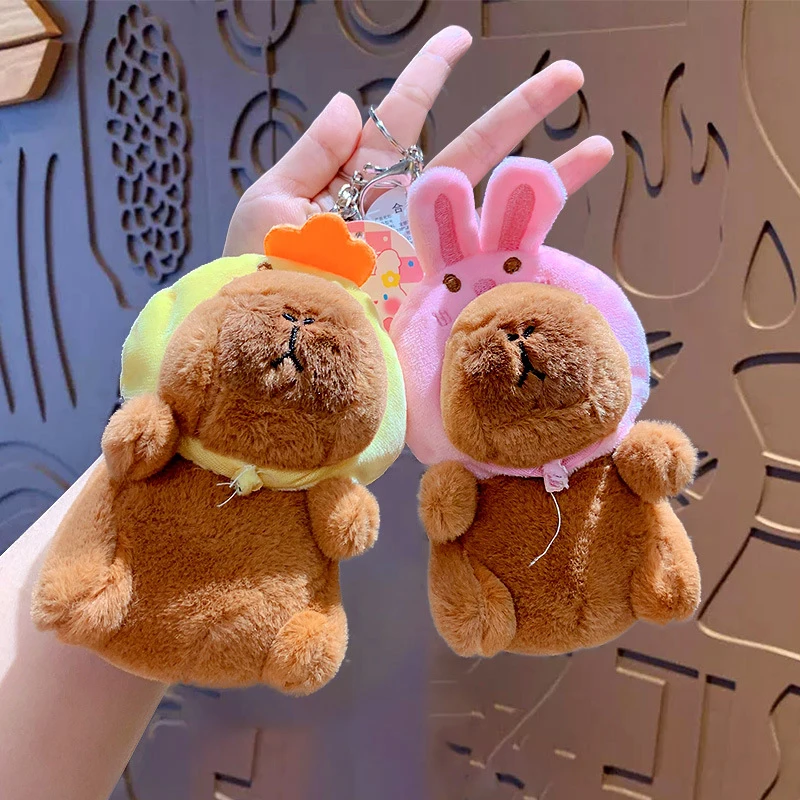 Cartoon Removable Strawberry Frog Hat Capybara Doll Keychains Women Cute Plush Car Keyring Creative Backpack Pendant Gifts