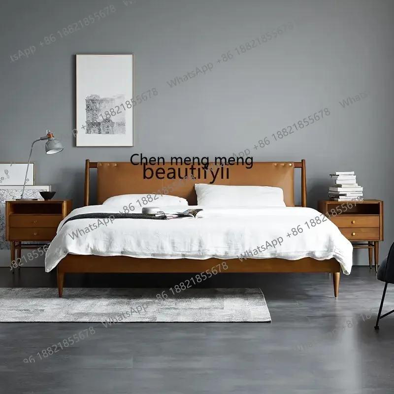 cn8350 LHY zqNordic Light Luxury Leather Bed Modern Minimalist First Layer Cowhide Retro Master Bedroom Double Bed Solid Wood Be