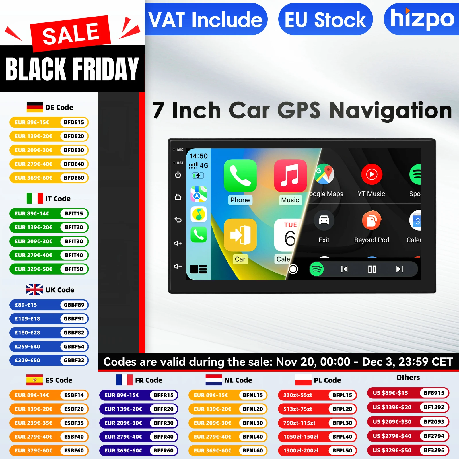 Hizpo 7'' 2 Din Android 14 Autoradio Carplay Android Auto GPS Navigation Autoradio 4G Wifi RDS Audio Universal Auto Multimedia